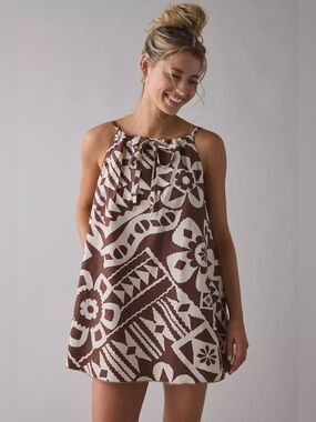 Urban Outfitters | BDG Eva Tie-Front Ruched Strap Trapeze Mini Dress Brown New